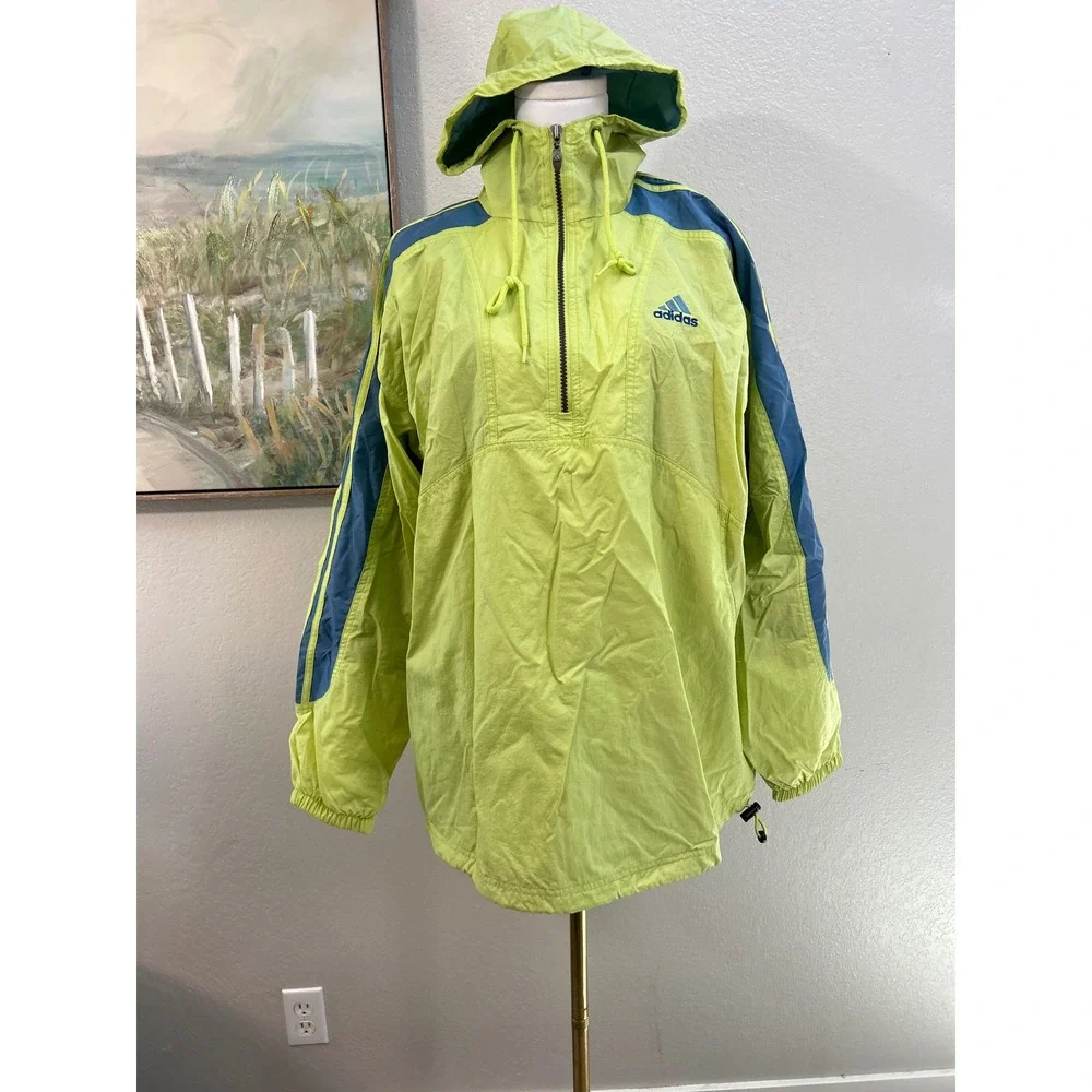 Vintage Adidas Windbreaker Lime Green Blue Hooded Jacket Mens XL